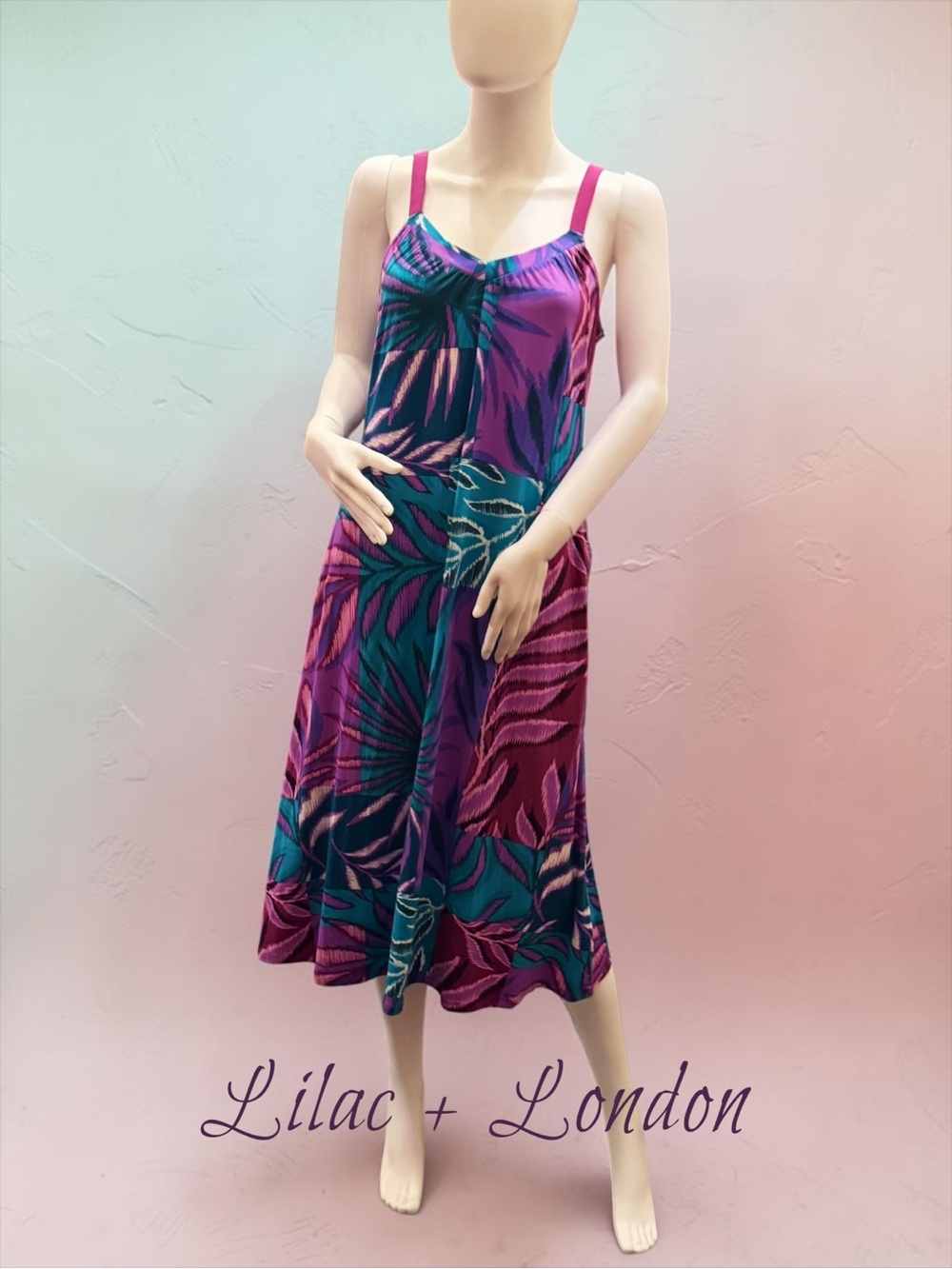 Purple & Teal Tropical Midi Slip Dress